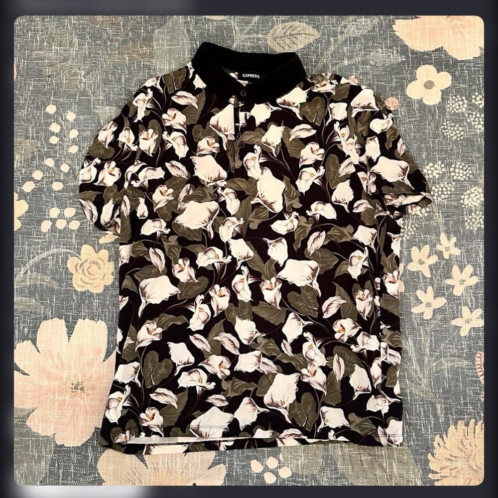 Express Black and Green Floral Polo